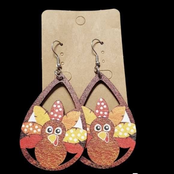 Thanksgiving Turkey Women's Wood Teardrop Dangle Earrings - Picture 1 of 3